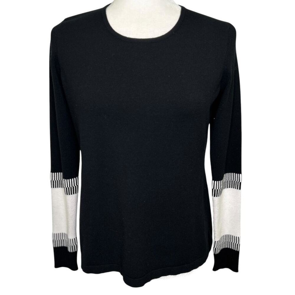 J'ENVIE New York Black White Light Sweater Striped Cuff Detail Viscose Spandex M